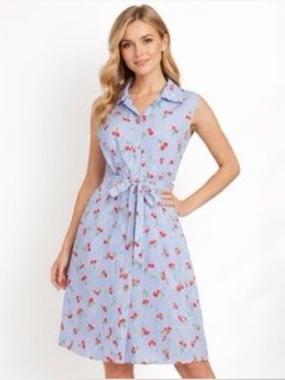 chic Sleeveless Cherry-Print Midi Dress - Blue/Red